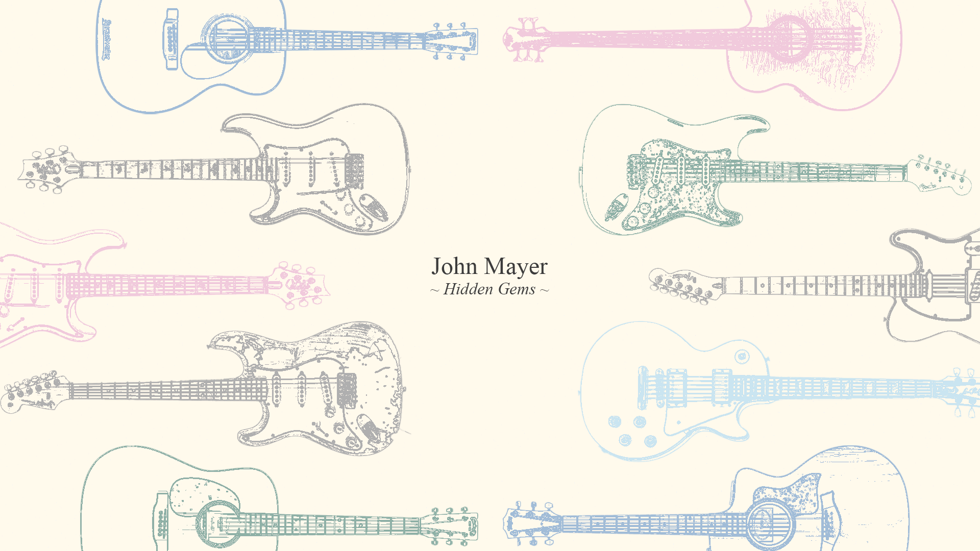 An illustration of an array of guitars played by John Mayer throughout the years.
